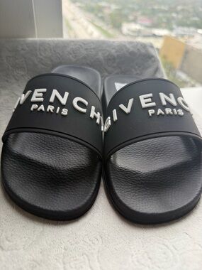 Givenchy Black Woman’s Logo Slide Sandals with White Raised Lettering